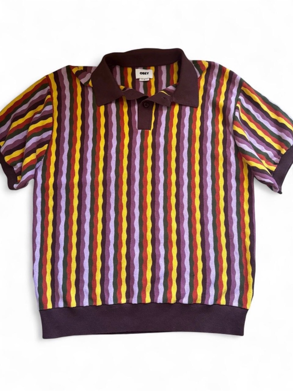 Obey Multi-Color Striped Polo Top - Purple/Yellow/Maroon
